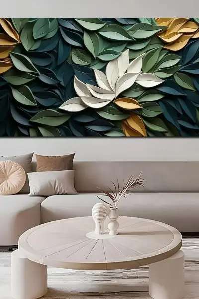 3D Beli Cvet u Zelenom Lišću - slika na platnu