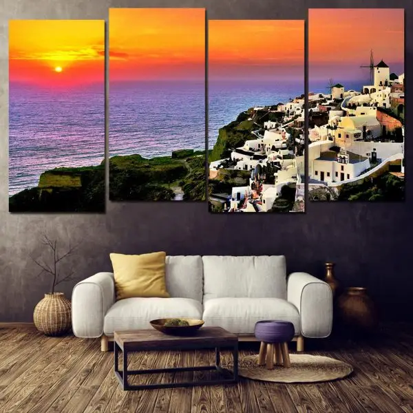 Santorini Okupan Suncem – 4 dela - slika na platnu