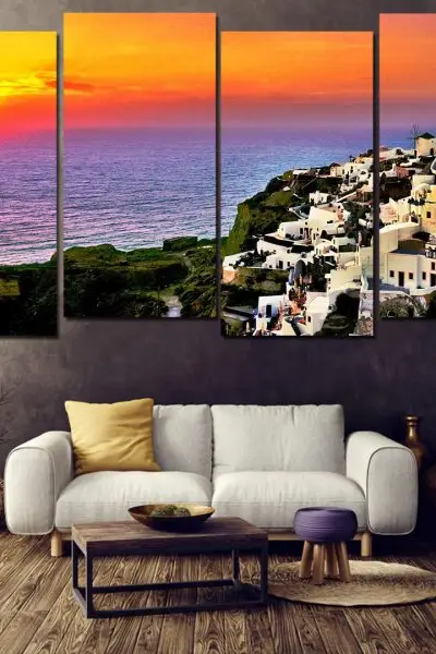 Santorini Okupan Suncem – 4 dela - slika na platnu