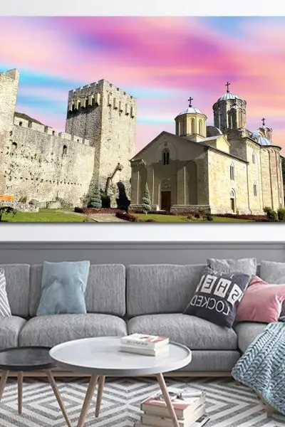 Manasija u zoru – svetinja obasjana nebeskim bojama - slika na platnu