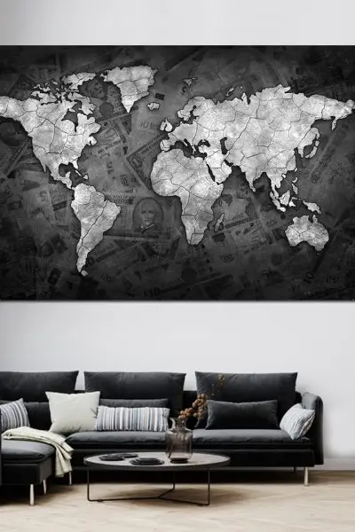 Crno-Bela Mapa sa Detaljima Novčanica - slika na platnu
