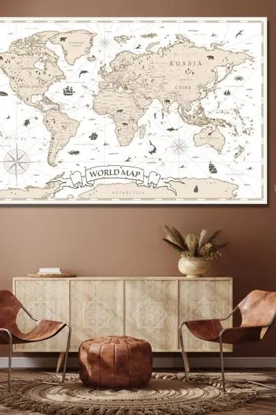 Minimalistička Vintage Mapa Sveta - slika na platnu