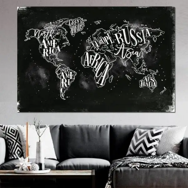 Tipografska Crno-Bela Mapa - slika na platnu
