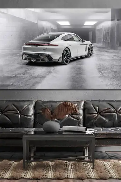 Beli Porsche U Pokretu - slika na platnu