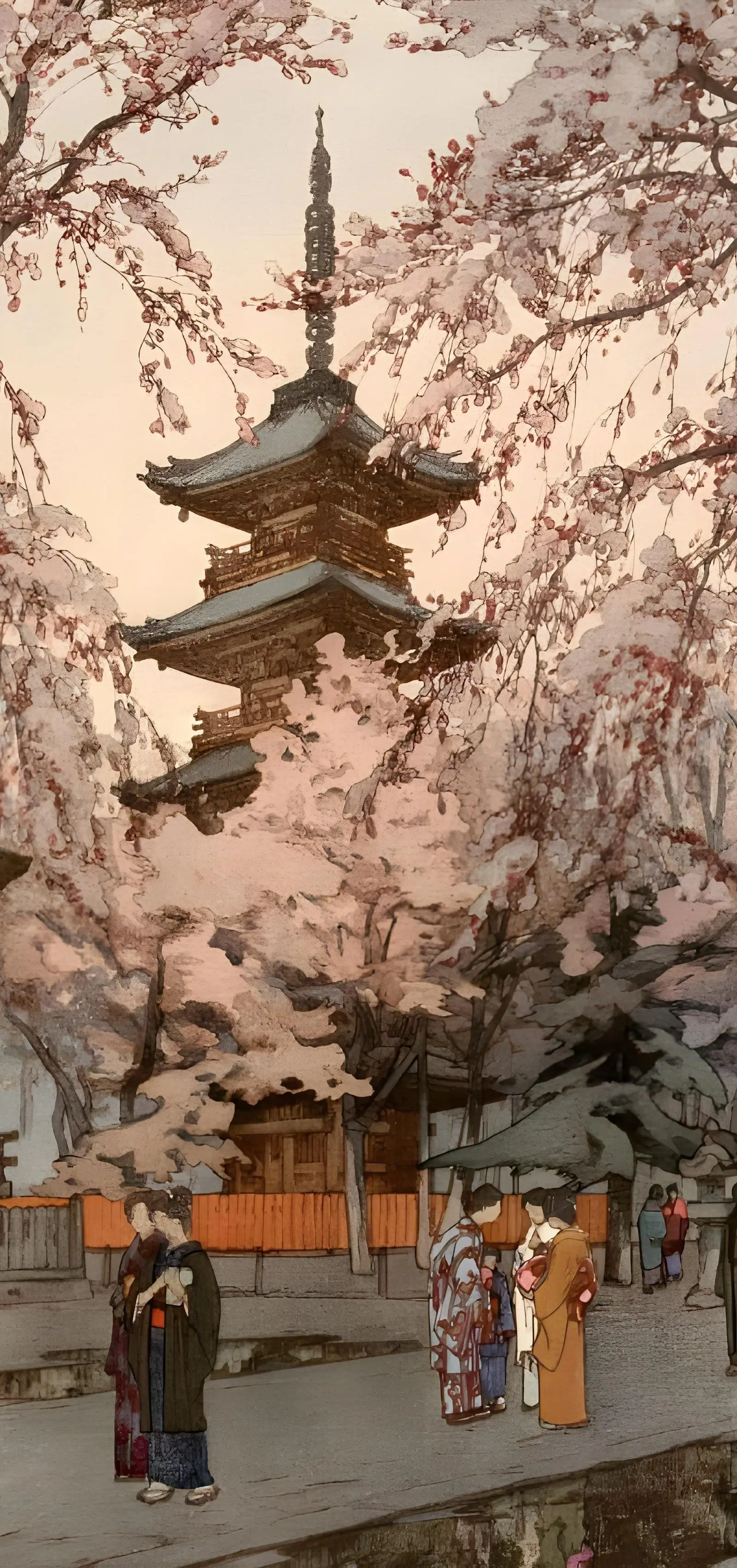 Pagoda u cvatu trešnje – u stilu Hiroshi Yoshide – sa ramom