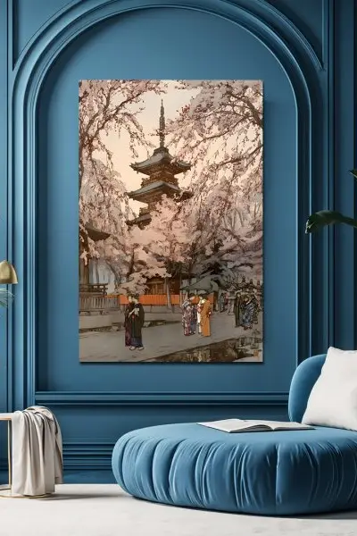 Pagoda u cvatu trešnje – u stilu Hiroshi Yoshide - slika na platnu